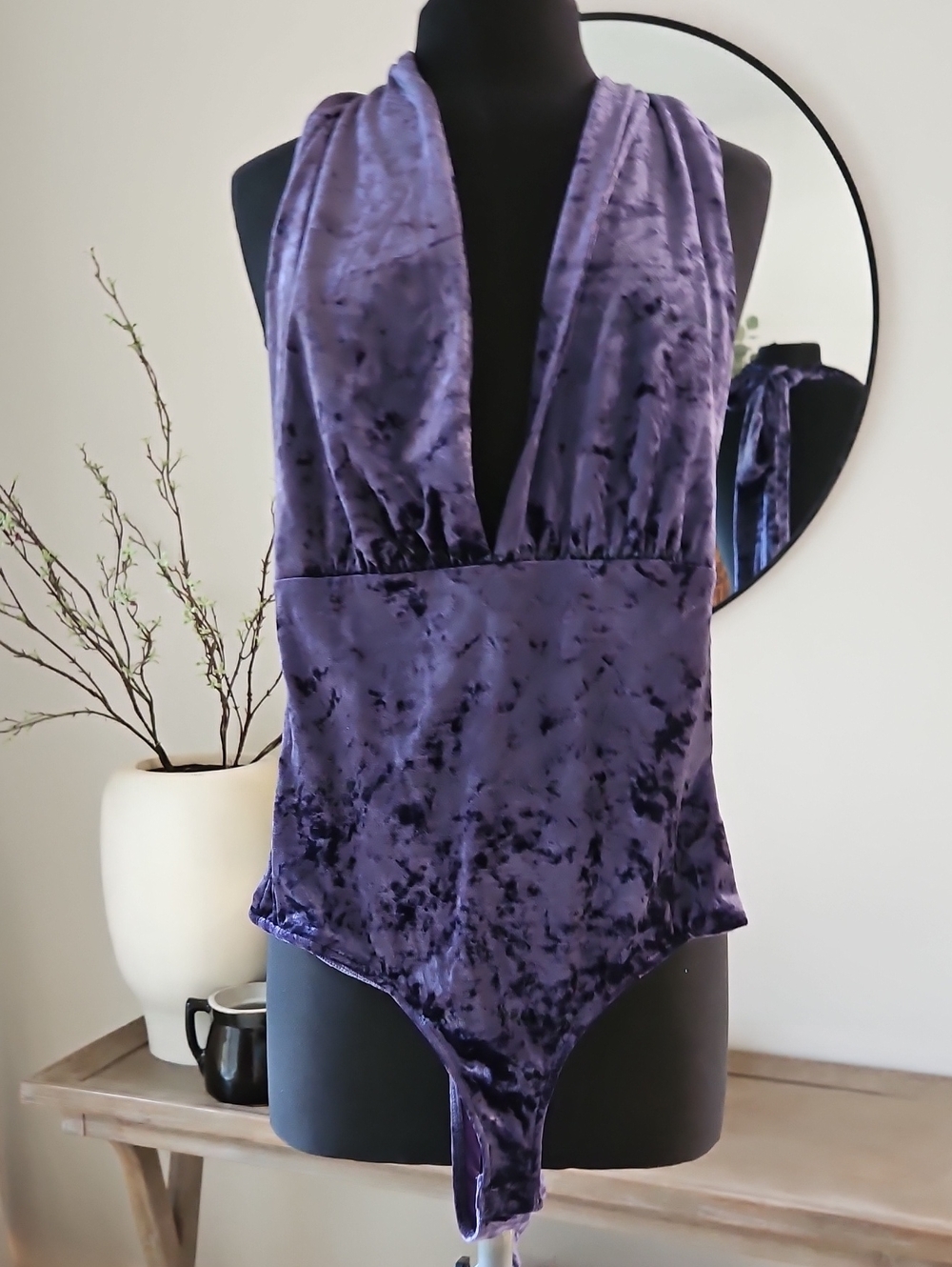 Free People Purple Velvet Bodysuit with Deep V Unsized Refer To Pictures
